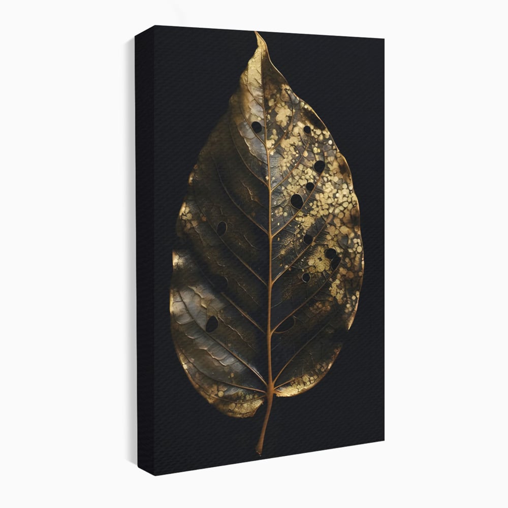 Tablou canvas cu tablou canvas cu frunza aurie pe fundal negru, fara rama, pe sasiu de lemn
